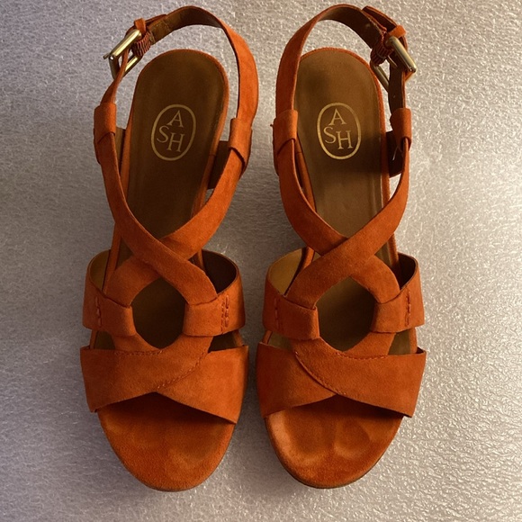 ASH Orange Suede Slingback Lattice Wedge Heel Sandals & Gold Buckle - Sz 37 - Picture 8 of 13